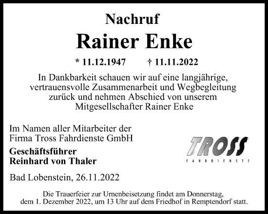 Traueranzeige von Rainer Enke von Ostthüringer Zeitung, Thüringische Landeszeitung