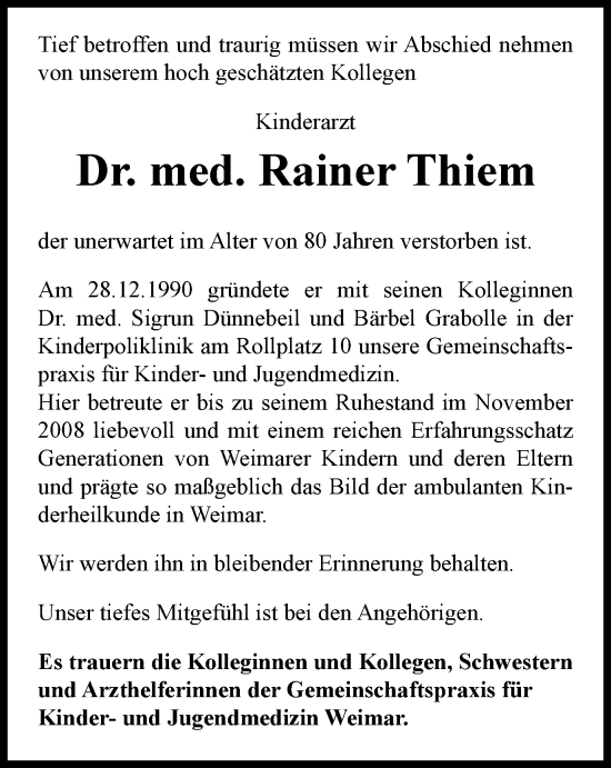 Traueranzeige von Rainer Thiem von Thüringer Allgemeine, Thüringische Landeszeitung