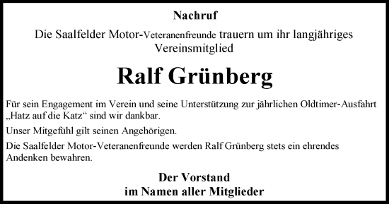 Traueranzeige von Ralf Grünberg von Ostthüringer Zeitung