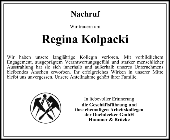 Traueranzeige von Regina Kolpacki von Ostthüringer Zeitung