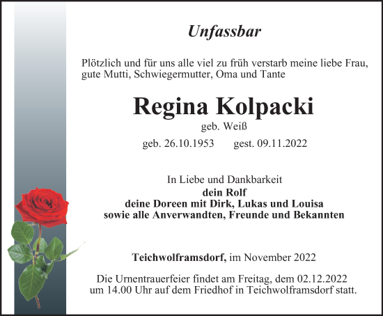 Traueranzeige von Regina Kolpacki von Ostthüringer Zeitung