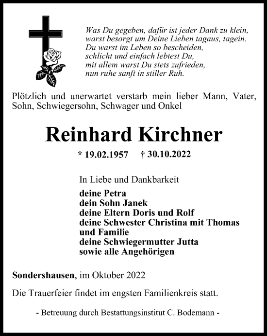 Traueranzeige von Reinhard Kirchner