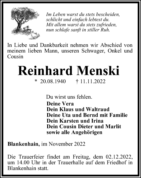 Traueranzeige von Reinhard Menski von Thüringer Allgemeine, Thüringische Landeszeitung