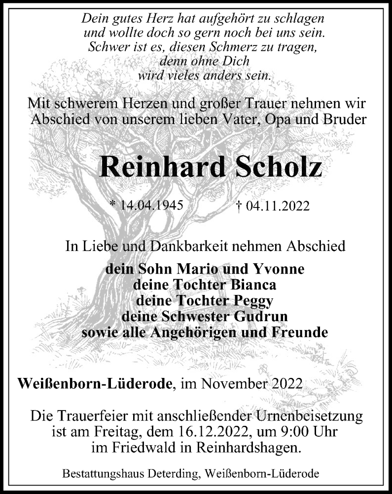  Traueranzeige für Reinhard Scholz vom 23.11.2022 aus Thüringer Allgemeine