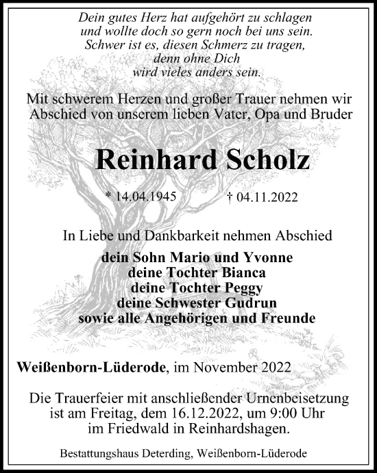 Traueranzeige von Reinhard Scholz von Thüringer Allgemeine
