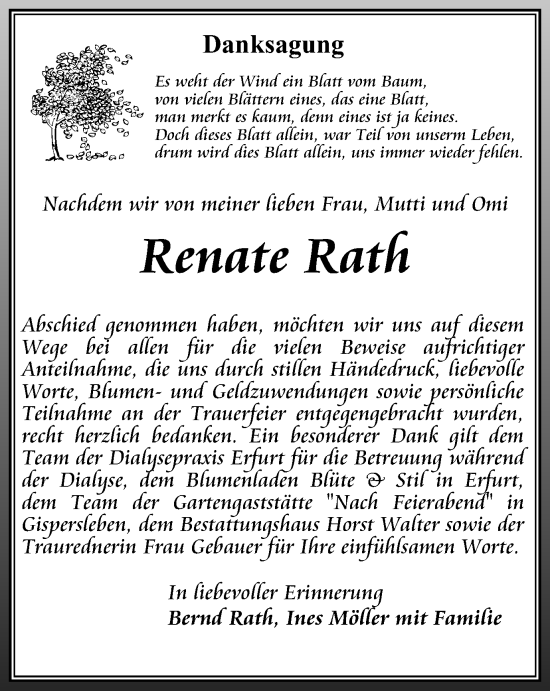 Traueranzeige von Renate Rath von Thüringer Allgemeine, Thüringische Landeszeitung