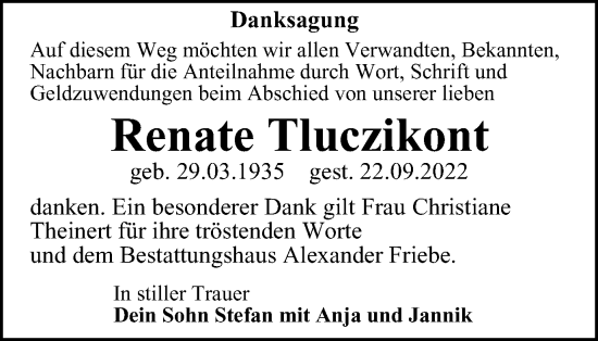 Traueranzeige von Renate Tluczikont