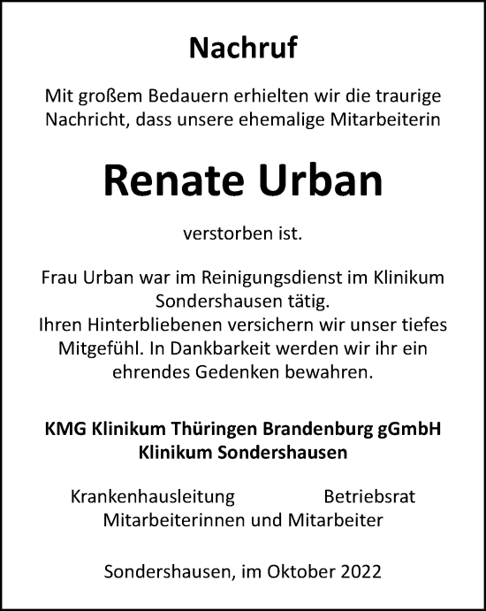 Traueranzeige von Renate Urban