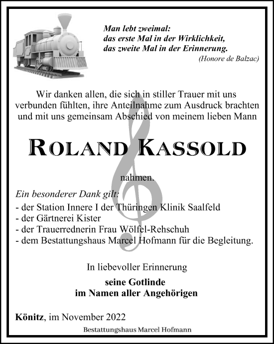 Traueranzeige von Roland Kassold von Ostthüringer Zeitung