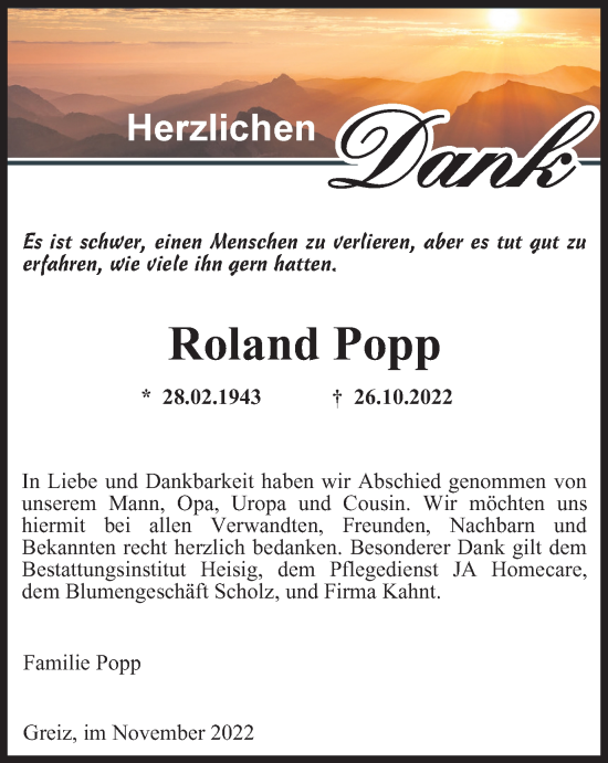 Traueranzeige von Roland Popp von Ostthüringer Zeitung