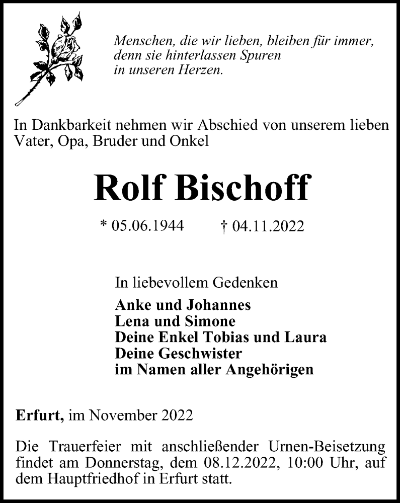 Traueranzeige für Rolf Bischoff vom 19.11.2022 aus Thüringer Allgemeine, Thüringische Landeszeitung
