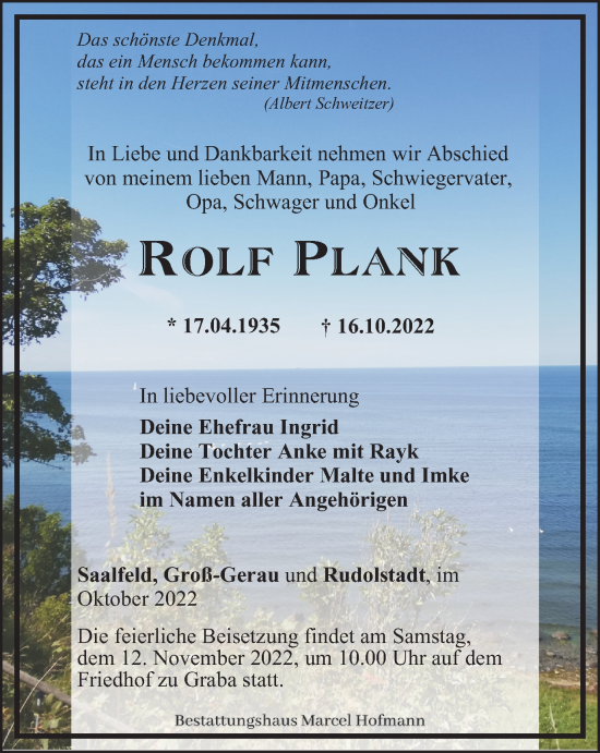 Traueranzeige von Rolf Plank