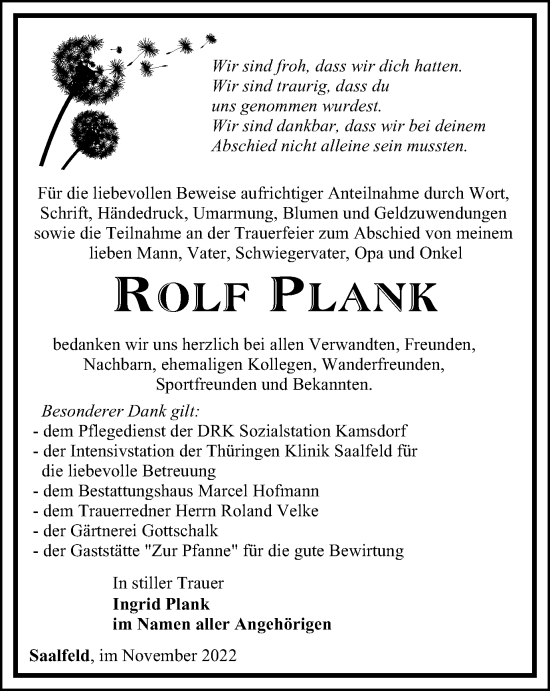 Traueranzeige von Rolf Plank