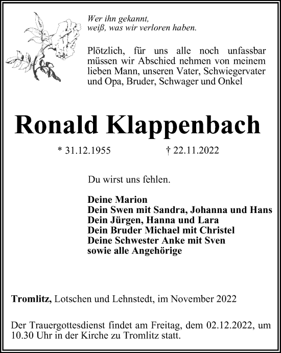 Traueranzeige von Ronald Klappenbach von Thüringer Allgemeine, Thüringische Landeszeitung