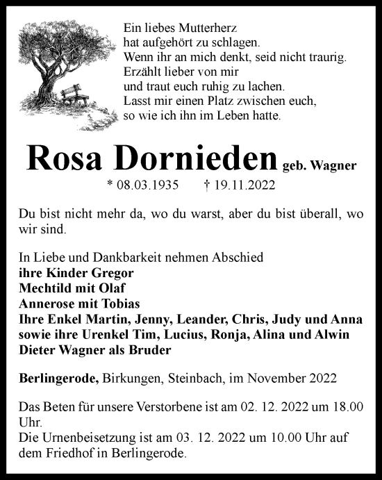 Traueranzeige von Rosa Dornieden von Thüringer Allgemeine
