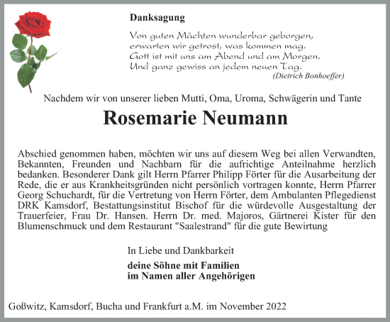 Traueranzeige von Rosemarie Neumann von Ostthüringer Zeitung