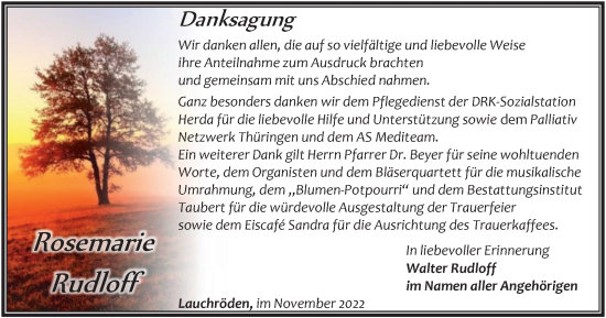 Traueranzeige von Rosemarie Rudloff von Thüringer Allgemeine, Thüringische Landeszeitung