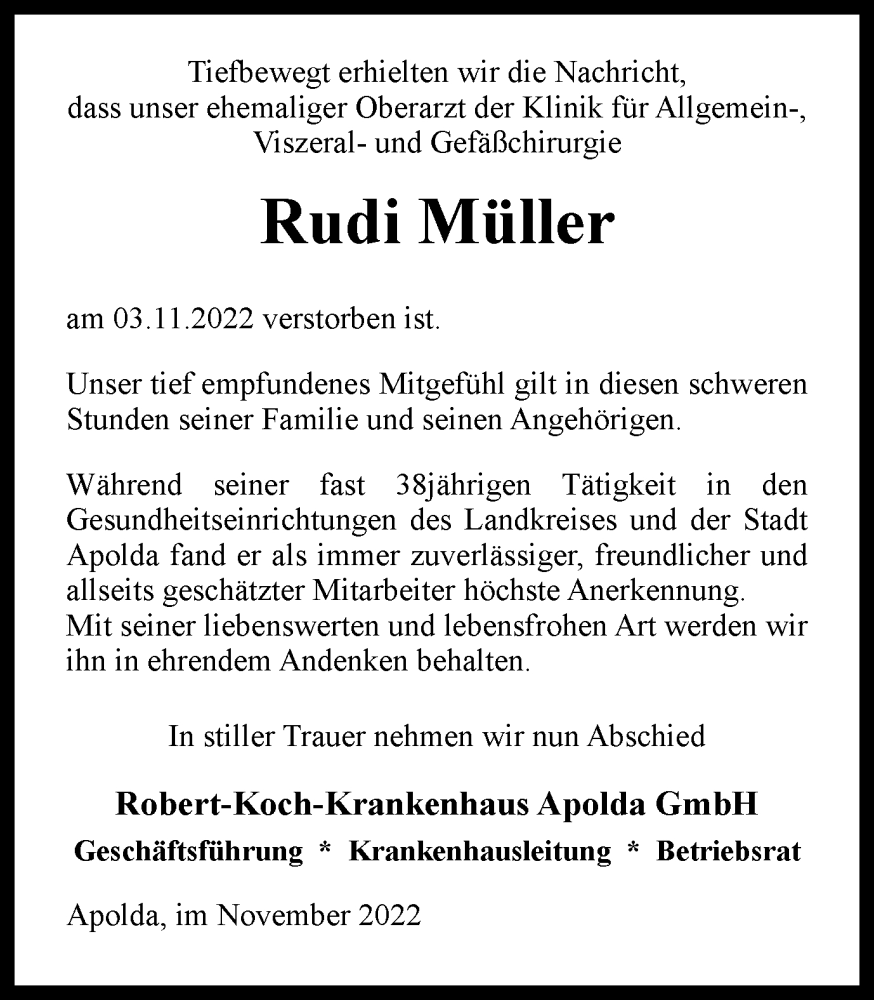  Traueranzeige für Rudi Müller vom 23.11.2022 aus Thüringer Allgemeine, Thüringische Landeszeitung