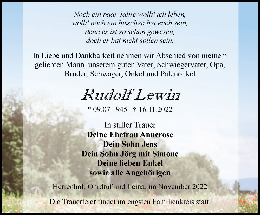  Traueranzeige für Rudolf Lewin vom 19.11.2022 aus Thüringer Allgemeine, Thüringische Landeszeitung