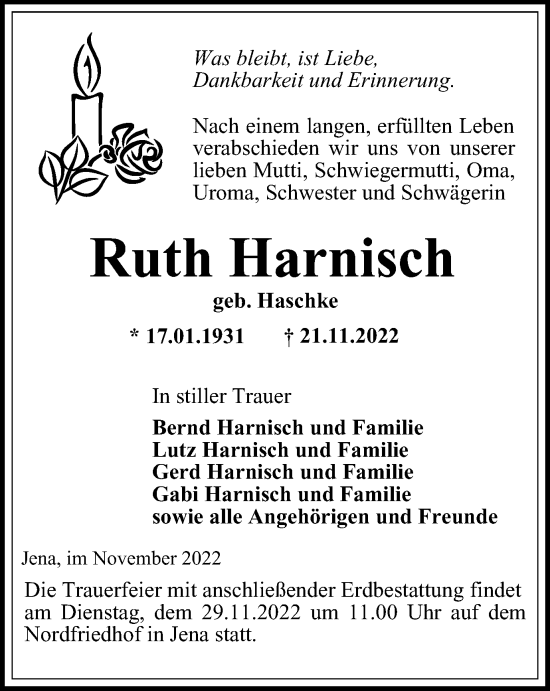 Traueranzeige von Ruth Harnisch von Ostthüringer Zeitung, Thüringische Landeszeitung