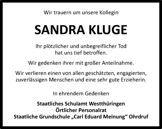 Traueranzeige von Sandra Kluge von Thüringer Allgemeine, Thüringische Landeszeitung