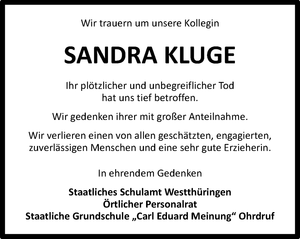  Traueranzeige für Sandra Kluge vom 22.11.2022 aus Thüringer Allgemeine, Thüringische Landeszeitung