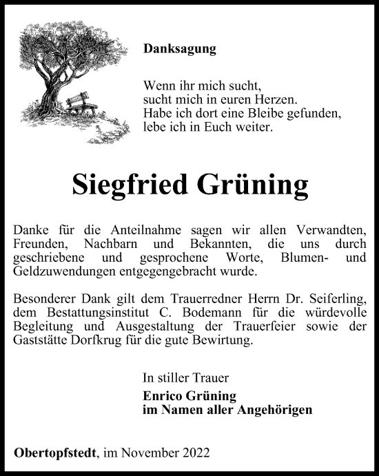 Traueranzeige von Siegfried Grüning