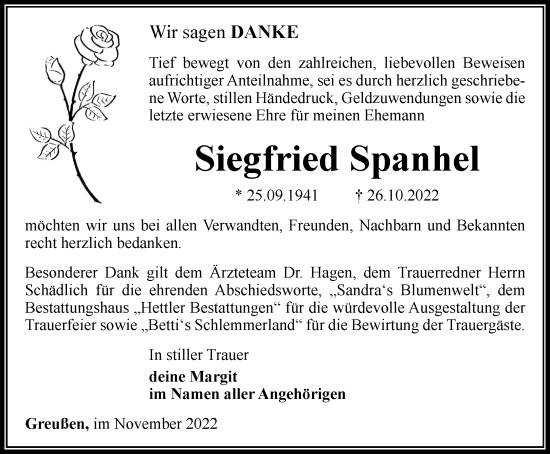 Traueranzeige von Siegfried Spanhel von Thüringer Allgemeine