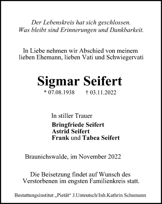 Traueranzeige von Sigmar Seifert von Ostthüringer Zeitung