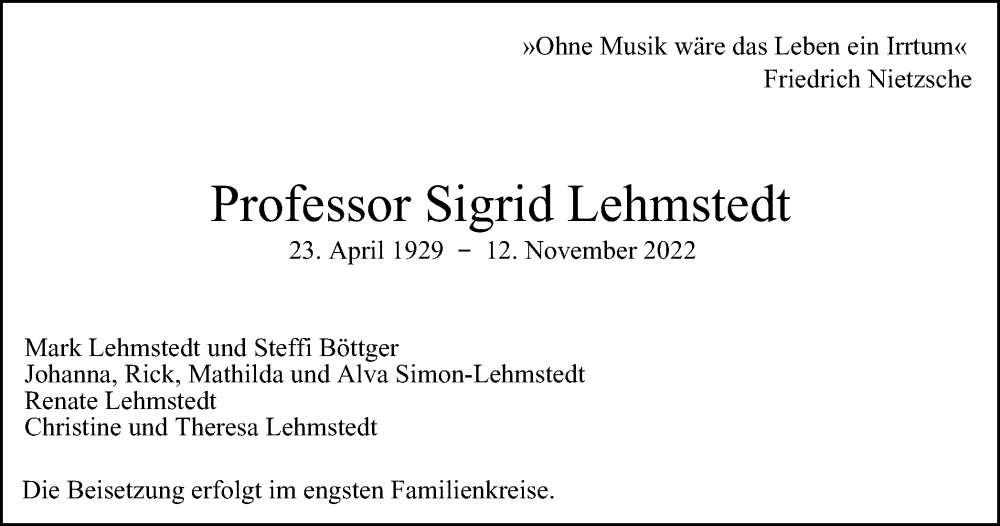  Traueranzeige für Sigrid Lehmstedt vom 19.11.2022 aus Thüringer Allgemeine, Thüringische Landeszeitung