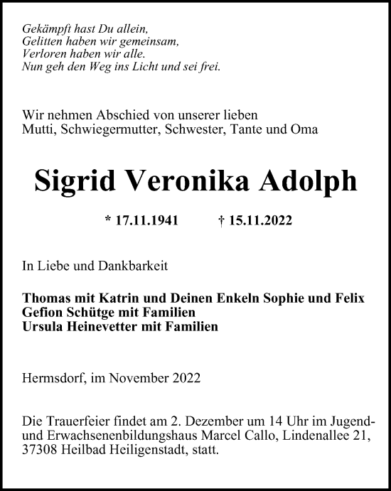Traueranzeige von Sigrid Veronika Adolph von Ostthüringer Zeitung