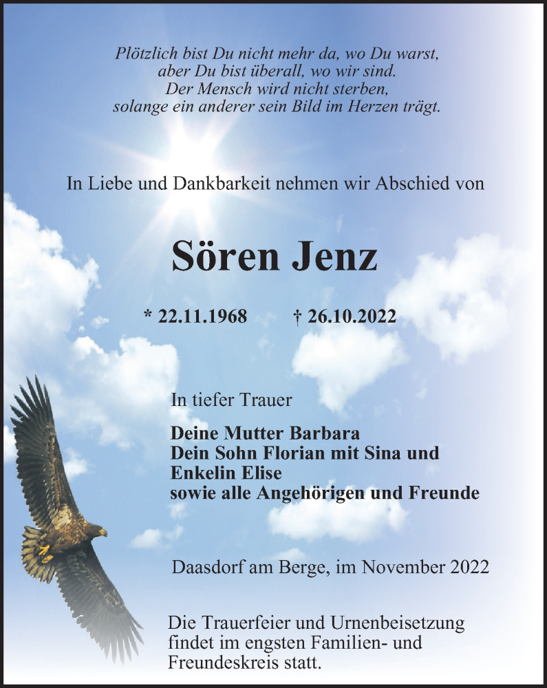  Traueranzeige für Sören Jenz vom 08.11.2022 aus Thüringer Allgemeine, Thüringische Landeszeitung