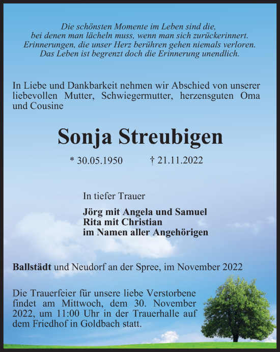 Traueranzeige von Sonja Streubigen von Thüringer Allgemeine, Thüringische Landeszeitung