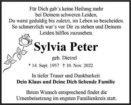 Traueranzeige von Sylvia Peter von Ostthüringer Zeitung