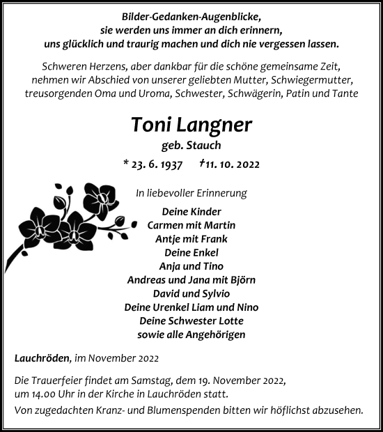 Traueranzeige von Toni Langner von Thüringer Allgemeine, Thüringische Landeszeitung