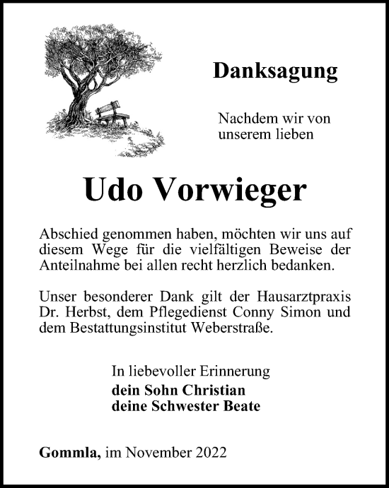 Traueranzeige von Udo Vorwieger von Ostthüringer Zeitung