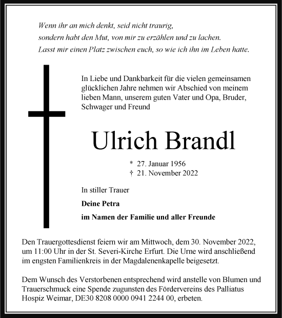 Traueranzeige von Ulrich Brandl von Thüringer Allgemeine, Thüringische Landeszeitung