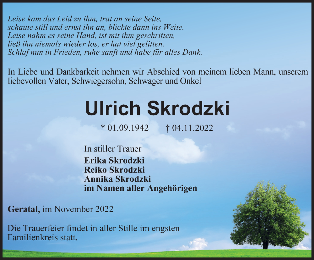  Traueranzeige für Ulrich Skrodzki vom 19.11.2022 aus Thüringer Allgemeine