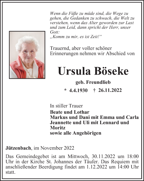 Traueranzeige von Ursula Böseke von Thüringer Allgemeine
