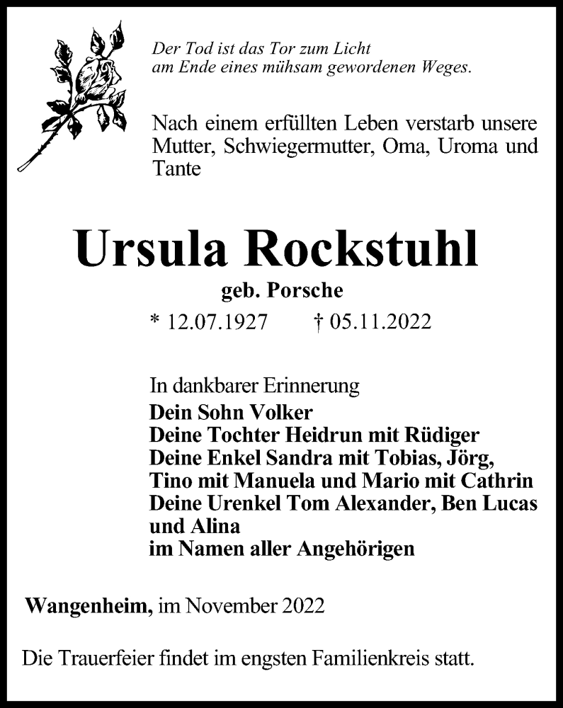  Traueranzeige für Ursula Rockstuhl vom 19.11.2022 aus Thüringer Allgemeine, Thüringische Landeszeitung