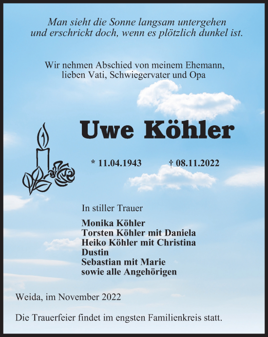 Traueranzeige von Uwe Köhler