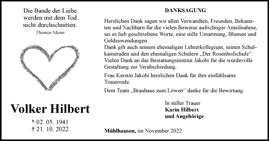 Traueranzeige von Volker Hilbert von Thüringer Allgemeine, Thüringische Landeszeitung