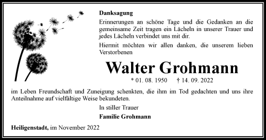 Traueranzeige von Walter Grohmann von Thüringer Allgemeine