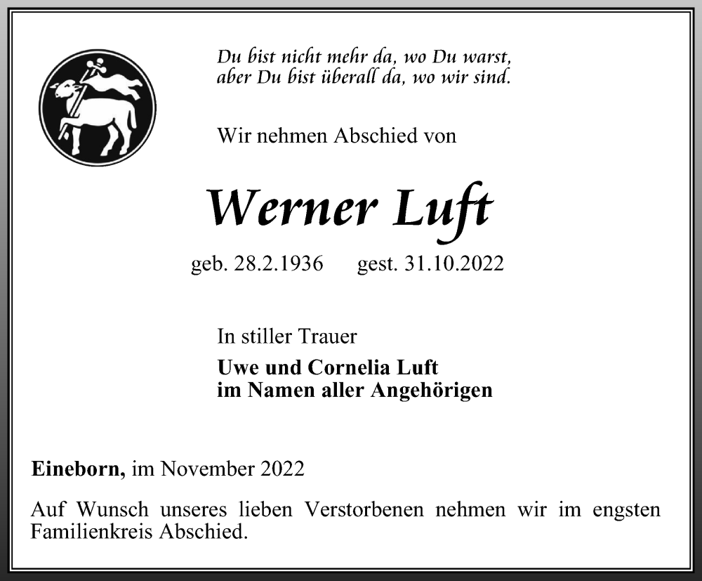  Traueranzeige für Werner Luft vom 19.11.2022 aus Ostthüringer Zeitung
