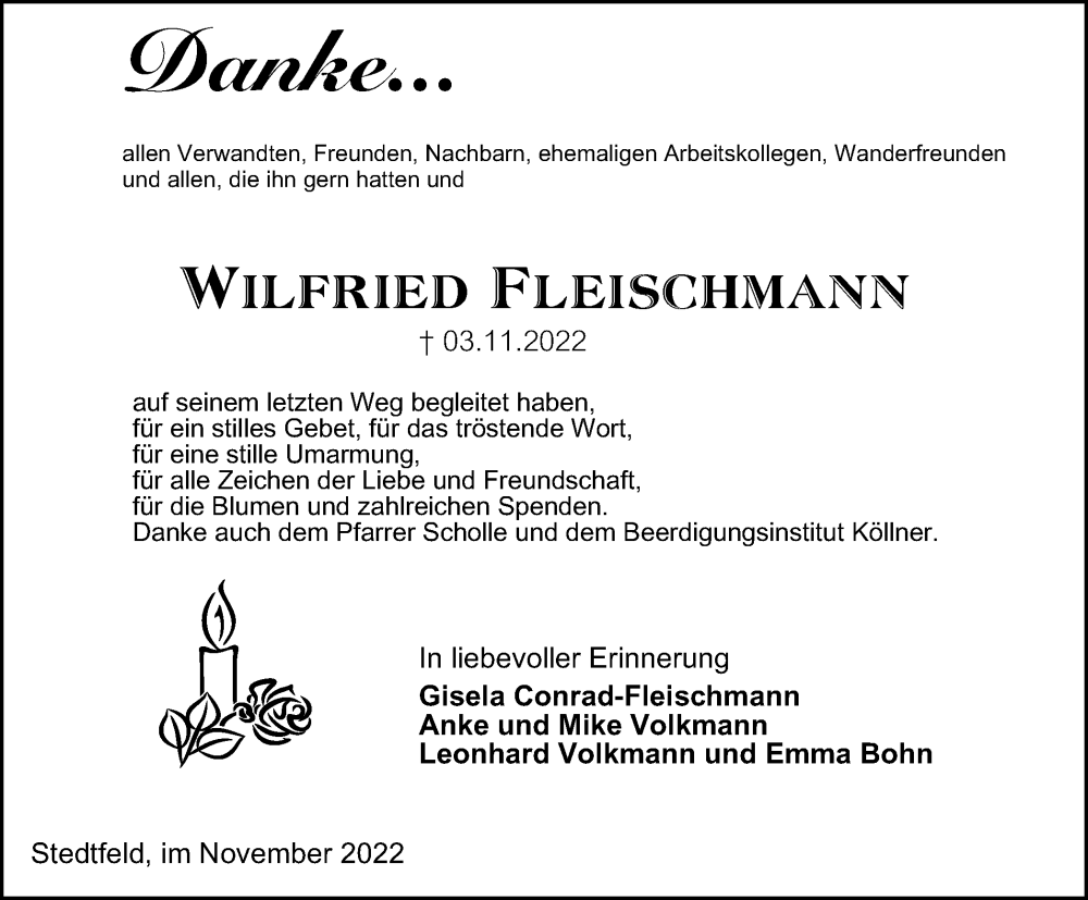  Traueranzeige für Wilfried Fleischmann vom 19.11.2022 aus Thüringer Allgemeine, Thüringische Landeszeitung