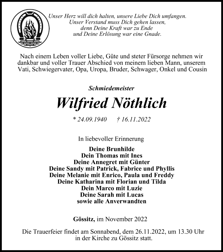  Traueranzeige für Wilfried Nöthlich vom 19.11.2022 aus Ostthüringer Zeitung