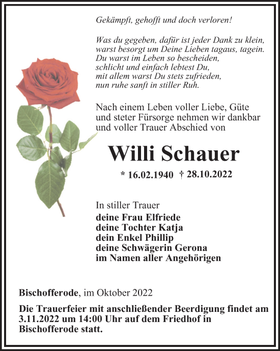 Traueranzeige von Willi Schauer von Thüringer Allgemeine