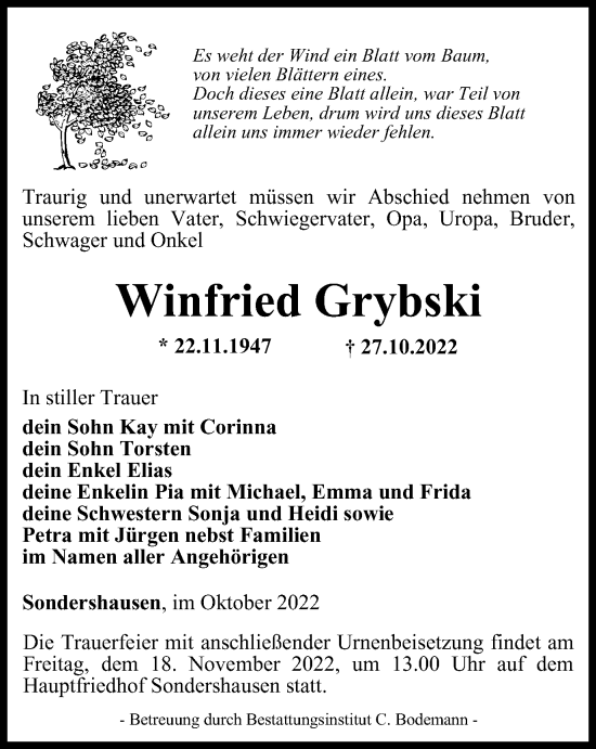 Traueranzeige von Winfried Grybski