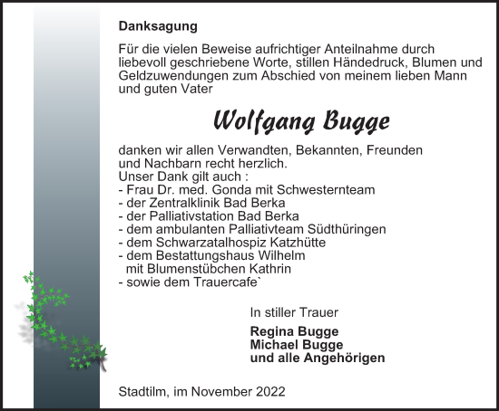 Traueranzeige von Wolfgang Bugge von Thüringer Allgemeine