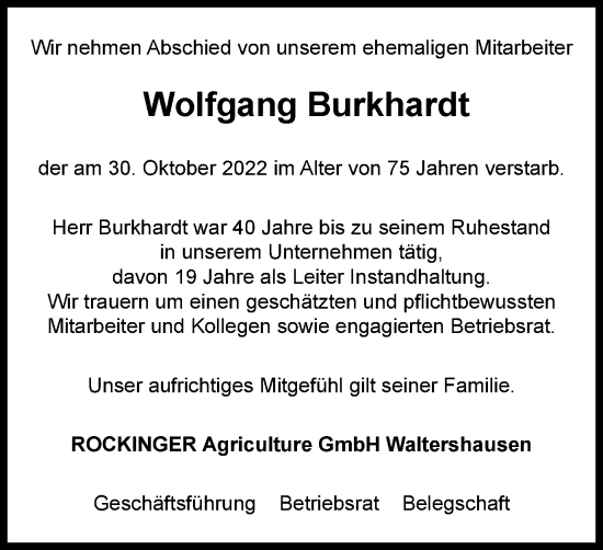 Traueranzeige von Wolfgang Burkhardt von Thüringer Allgemeine, Thüringische Landeszeitung